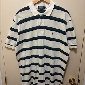 Ralph Lauren White Polo Shirt with Green & Navy Stripes
